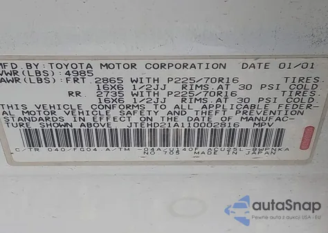 2001 Toyota Highlander z USA, uszkodzony, nr VIN JTEHD21A110002816